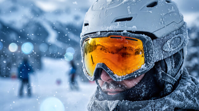 Skier wearing amber mirrored ski goggles and a snow-covered helmet in a blizzard for winter sports protection