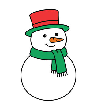 Cute snowman illustration with red hat and green scarf on a white background