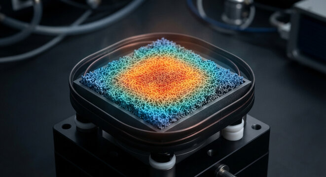 Micro-structured magnetocaloric gadolinium alloy matrix tile displaying vibrant thermal color transition gradient under magnetic field phase shift in dark studio