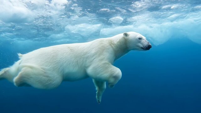 Polar Bear Swimming Underwater Through Clear Blue Ocean Beneath Arctic Ice, Powerful Marine Mammal Wildlife Portrait with Graceful Movement