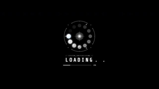 futuristic loading screen display showing system initializing with a circular progress bar preloader for UI concept