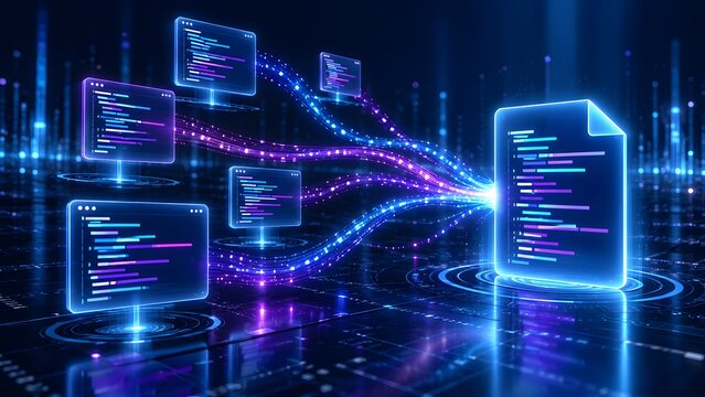 Glowing digital streams connecting computer coding screens to a centralized holographic document file in a tech ecosystem
