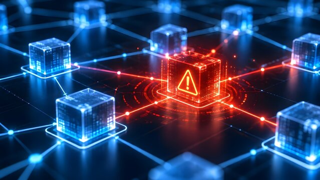 Digital network grid featuring a compromised glowing red server cube with a warning triangle among secure blue nodes