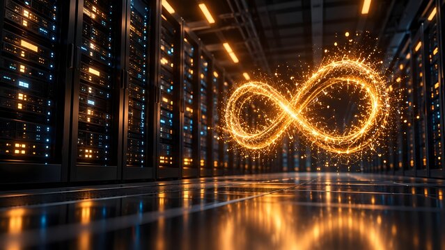 Glowing golden infinity symbol made of digital sparks floating in a modern data center representing limitless cloud storage