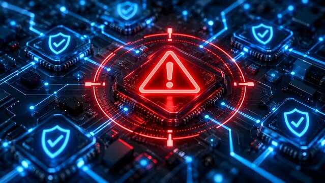 Glowing red warning triangle targeting a central microchip on a motherboard surrounded by secure blue processor nodes