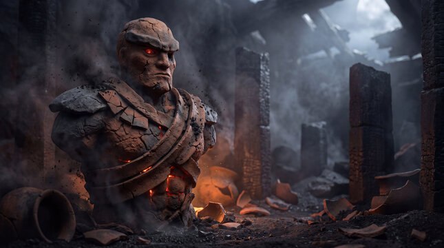 Cracked stone golem glowing in a dark ancient ruined temple