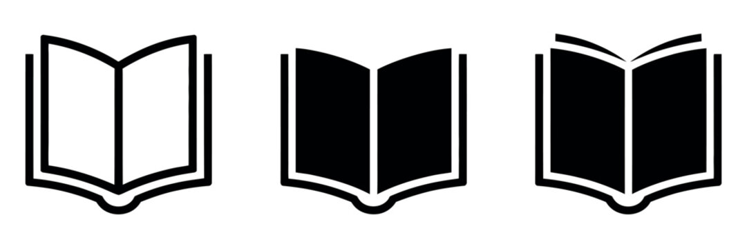 Open book reader knowledge icon set. Education library study symbol. Simple pictogram for reading literature, textbook learning, academic study, publishing catalog, website user interface design.