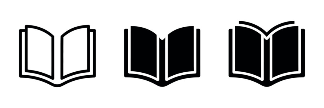 Open book reader knowledge icon set. Education library study symbol. Simple pictogram for reading literature, textbook learning, academic study, publishing catalog, website user interface design.
