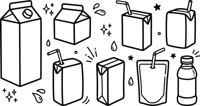 Cute doodle drink packaging icon vector set with milk carton juice box pouch