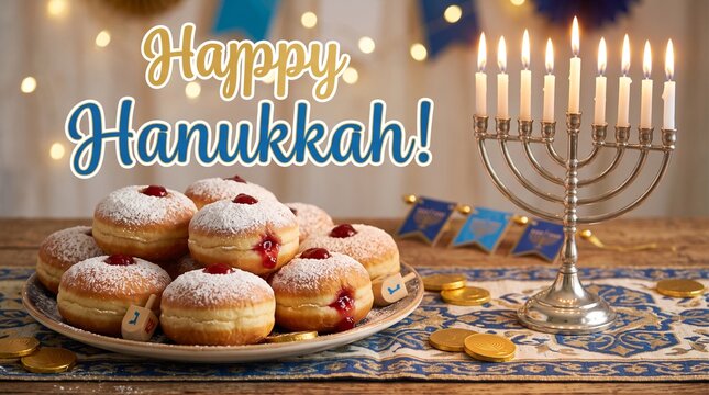 Silver hanukkiah with nine lit candles beside a plate of jelly donuts with powdered sugar, gold coins, blue banner and happy hanukkah text on a wooden table with patterned runner