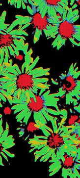 Abstract lime green flowers with red centers in a CMYK halftone dot pattern on black background. Drops into a psychedelic rave culture and trippy music album cover composition.