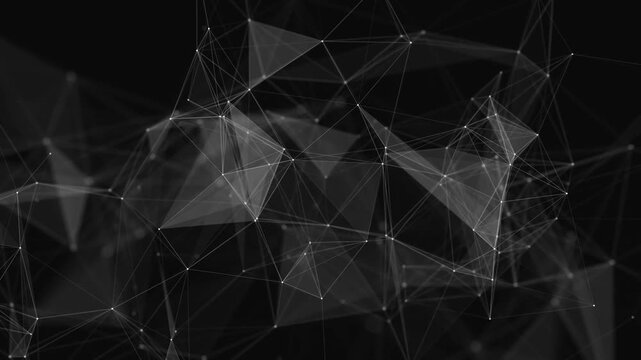 Abstract digital network animation with connected nodes and geometric lines, futuristic technology background for AI, global data communication, cybersecurity, fintech and e-commerce.
