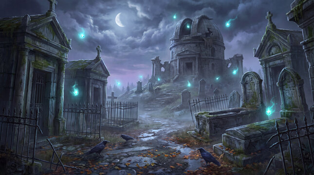 Haunted cemetery under stormy moonlight with glowing spirits