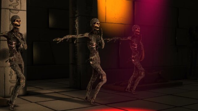 Seamless animation of a mummies dancing salsa in egyptian ruins with disco lights. Funny cartoon character for Halloween background.