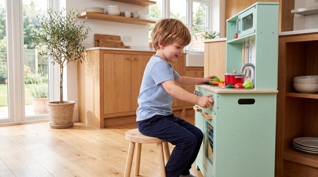 Boy playing with colorful toy kitchen beside wooden stool in bright modern home interior, childhood pretend play scene