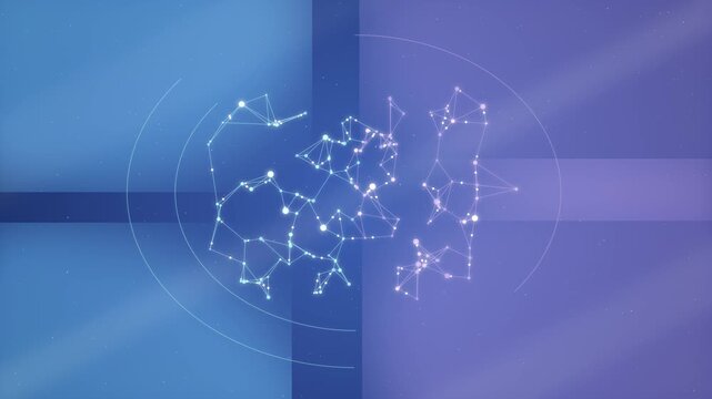 Glowing AI brain network made of connected dots on a soft blue and violet abstract background