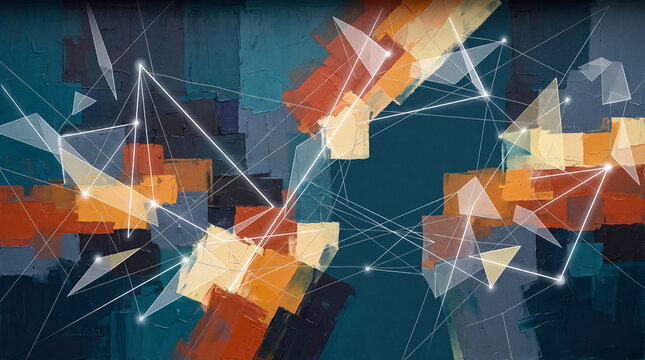 Abstract geometric network over layered teal and orange painted shapes