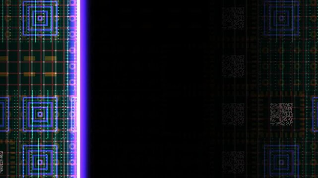 Electronic matrix layout with square digital chips and glowing blue and magenta light accents in 3D motion