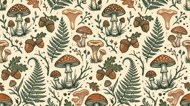 Charming seamless pattern with mushrooms, forest foliage, and acorns in a detailed stock illustration style.