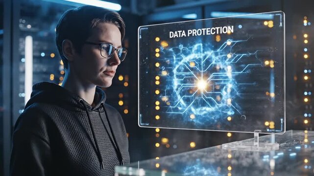 Woman studies data protection network on transparent screen in server. Analyst examines security network diagram. Woman touches data protection display. Server room with network security analysis.