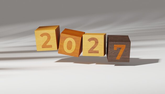 Three-dimensional wooden number blocks displaying 2027, featuring realistic wood grain, warm natural tones, dramatic perspective, and isolated composition for New Year concepts.