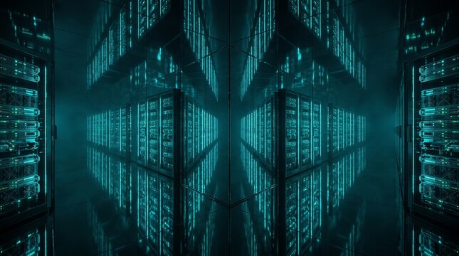 Rows of teal illuminated server racks mirrored across a dark reflective floor in a cavernous data center, evoking digital connectivity, computational power and secure infrastructure