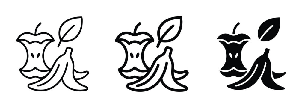 Compostable Food Scraps: Apple Core, Banana Peel, Leaf Icons. Organic Waste Vector Set.