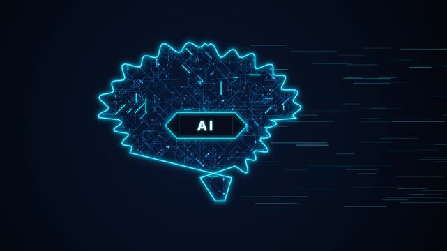 A highly accurate 4K representation of a cybernetic brain filled with glowing circuit lines. Features a detailed bumpy brain outline, a central 'AI' hexagon badge, and data processing speed lines trai