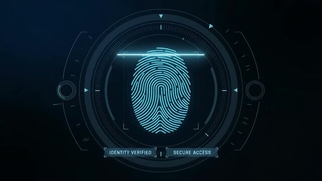 Futuristic digital fingerprint scanning interface with glowing blue cybernetic security verification hud