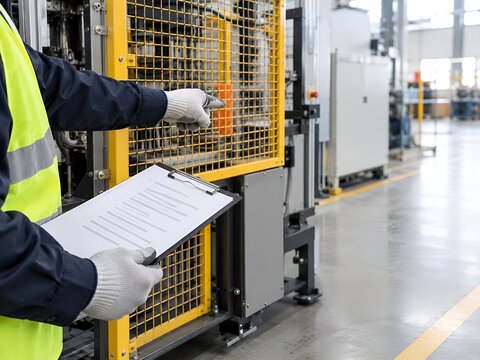 Factory worker in high visibility vest and gloves inspecting machine safety guard with checklist clipboard