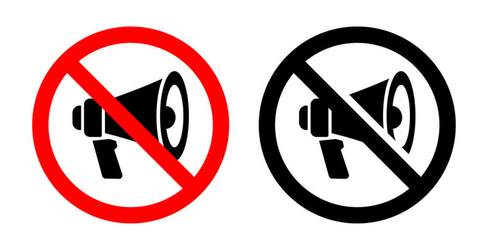 No megaphone prohibition sign with silent, warning, restriction, communication and noise symbols for public places, offices, schools and safety signage.
