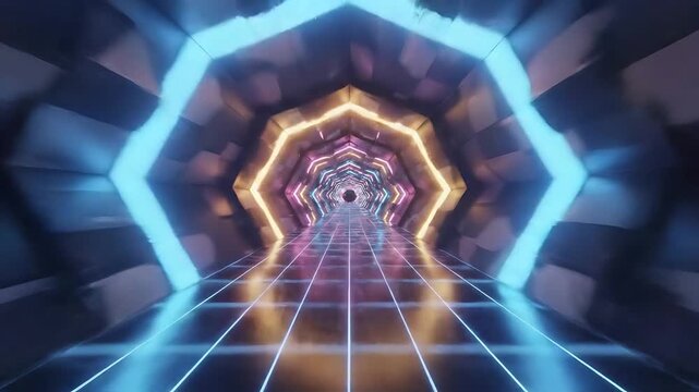 Futuristic neon hexagonal tunnel flight animation through a colorful synthwave space corridor with glowing lights