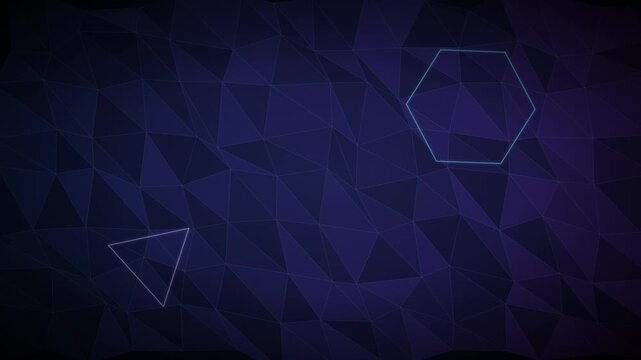 Abstract geometric pattern background with glowing triangle and hexagon shapes on a dark blue polygonal texture