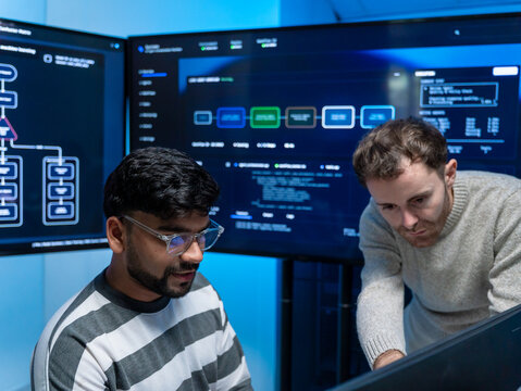 Software engineering use computer working development office are assisting algorithm systems or verifying code. Programmer teamwork using artificial intelligence on laptop analysis or writing coding