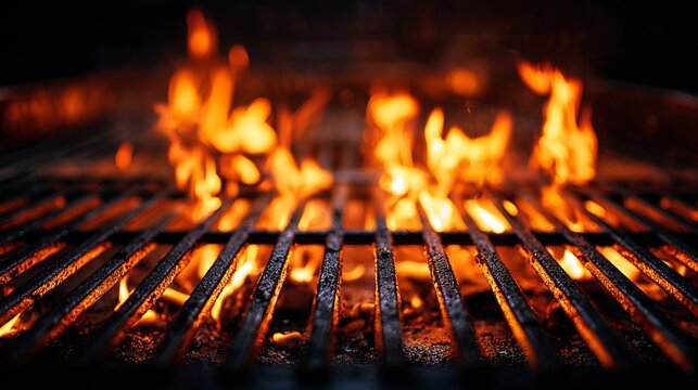 Intense glowing flames dancing on a rustic metal grill bars, vibrant texture perfect for branding barbecue, outdoor dining, and summer nights concept