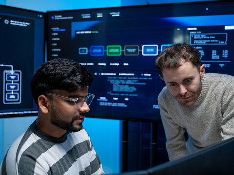 Software engineering use computer working development office are assisting algorithm systems or verifying code. Programmer teamwork using artificial intelligence on laptop analysis or writing coding