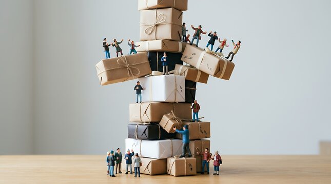 荷物の塔に集まるミニチュア人形