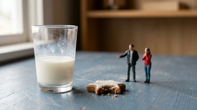 ミルクと食べかけクッキーを見るミニチュア人形