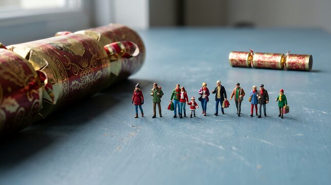クリスマスクラッカーと並ぶミニチュア人形