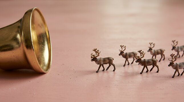 金色のクリスマスベルへ向かうミニチュアトナカイ