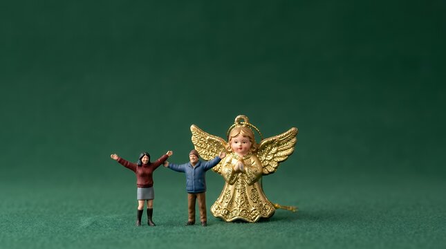 金色のクリスマス天使と喜ぶミニチュアカップル