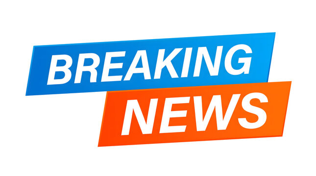 A dynamic breaking news banner with the word BREAKING in blue and NEWS in orange on separate overlapping rectangles isolated on a dark black background
