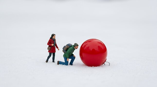 巨大な赤いクリスマスオーナメントを発見するミニチュア旅行者
