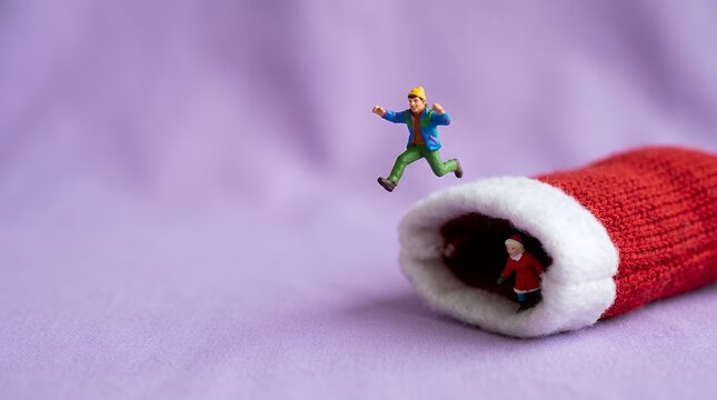巨大なクリスマス靴下で遊ぶミニチュア人形