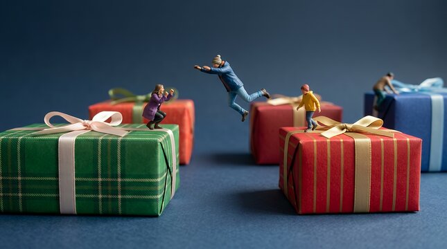クリスマスプレゼントの箱を飛び移るミニチュア人形
