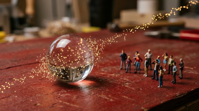 ガラス球の中の光を見つめるミニチュア人形