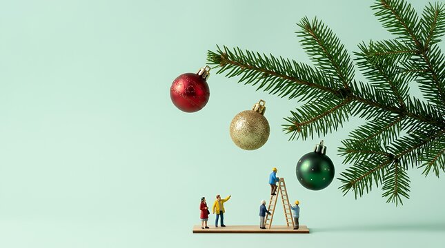 クリスマスツリーを飾るミニチュア作業員