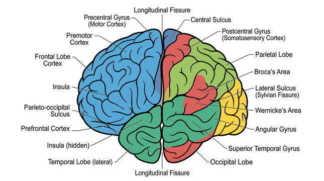 Human Brain Anatomy Diagram with Lobe Color Coding
