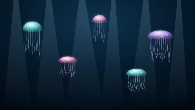 Bioluminescent jellyfish swimming in deep blue ocean illuminated by light rays vector background