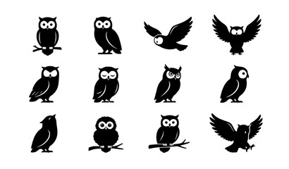 Fototapeta premium Cute Owl Silhouette Collection with Flying and Perching Bird Poses